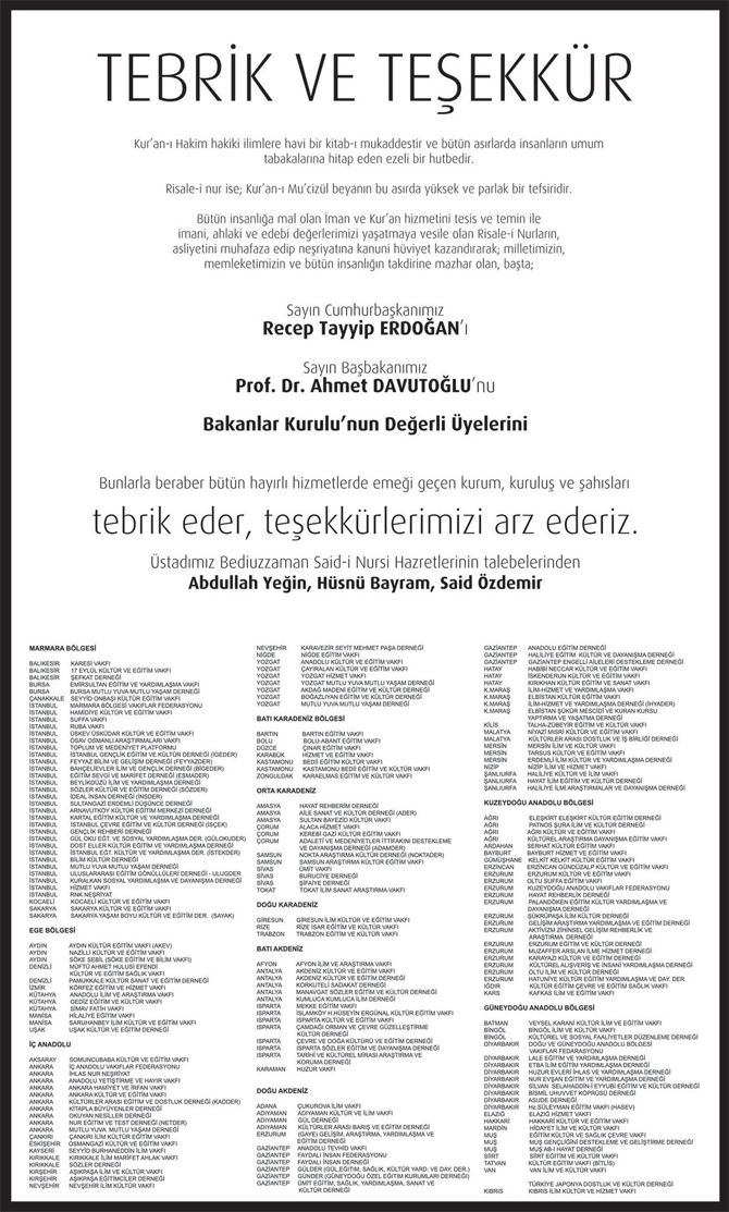 Nurculardan Erdoğan ve Davutoğlu’na gazete ilanıyla teşekkür