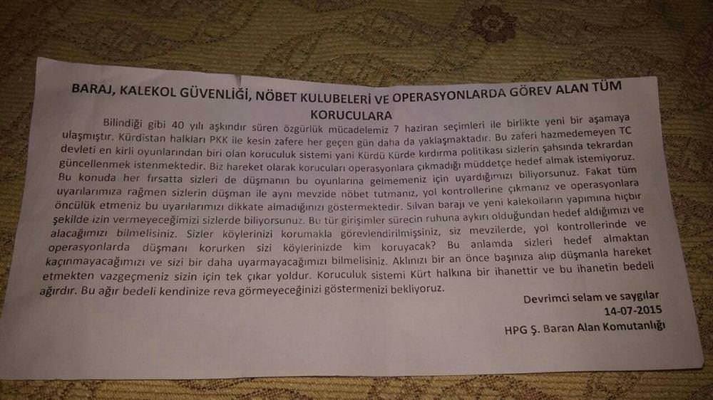 PKK korucuları tehdit etti
