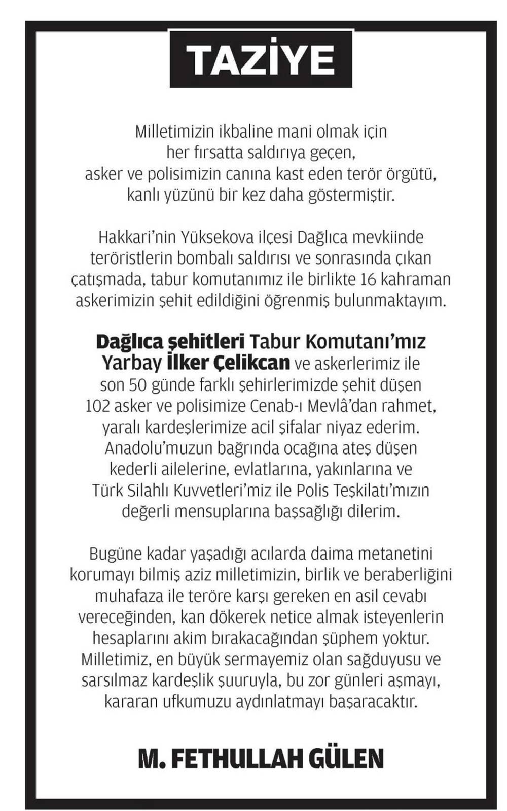 Fetullah Gülen'den pişkin taziye!