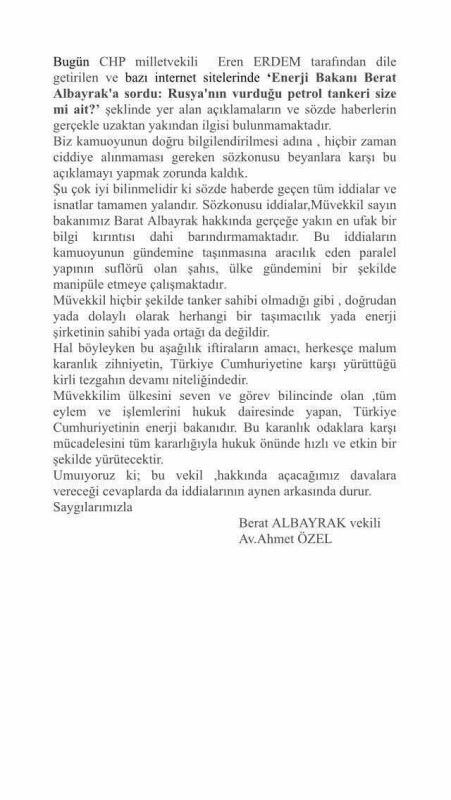 Berat Albayrak’tan CHP’li Eren Erdem’in iftiralarına yanıt