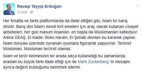 Erdoğan facebook’ta Zuckerberg’in Trump’a tepkisini beğendi!