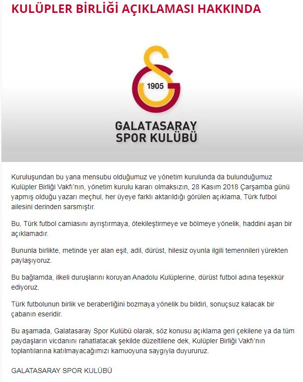 Galatasaray’dan flaş ’Kulüpler Birliği’ açıklaması