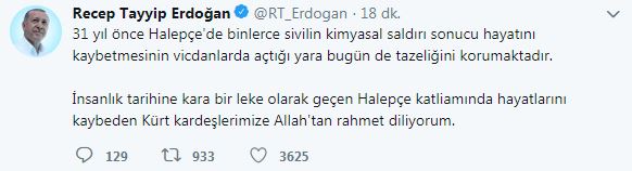 Başkan Erdoğan'dan Halepçe katliamının yıl dönümünde mesaj - 1