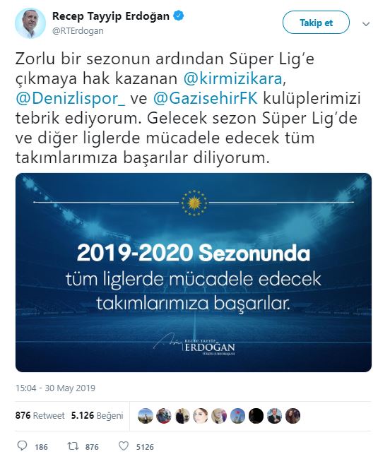 Başkan Erdoğan'dan Süper Lig'e çıkan takımlara tebrik - 1