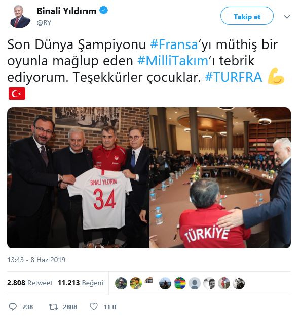 Binali Yıldırım’dan tarih yazan millilere tebrik