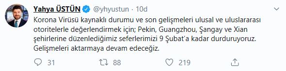 Türk Hava Yolları, Çin’e yapılacak seferleri 9 Şubat’a kadar durdurdu