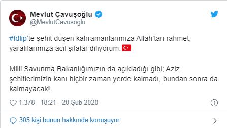 Dışişleri Bakanı Çavuşoğlu’ndan İdlib şehitleri için başsağlığı mesajı