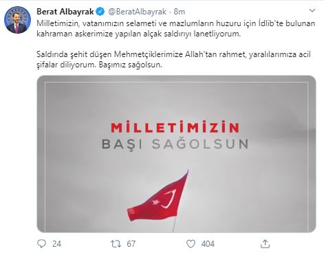 Son dakika: Hazine ve Maliye Bakanı Berat Albayrak’tan İdlib şehitleri için başsağlığı mesajı