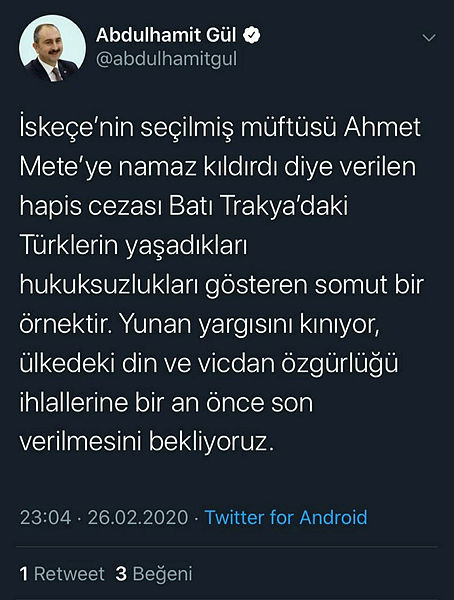 Bakan Gül'den Yunanistan'da tutuklanan müftü ile ilgili açıklama - 1