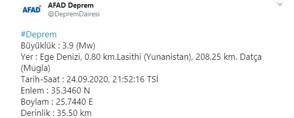 Son dakika: Ege Denizi’nde 3.9 büyüklüğünde deprem