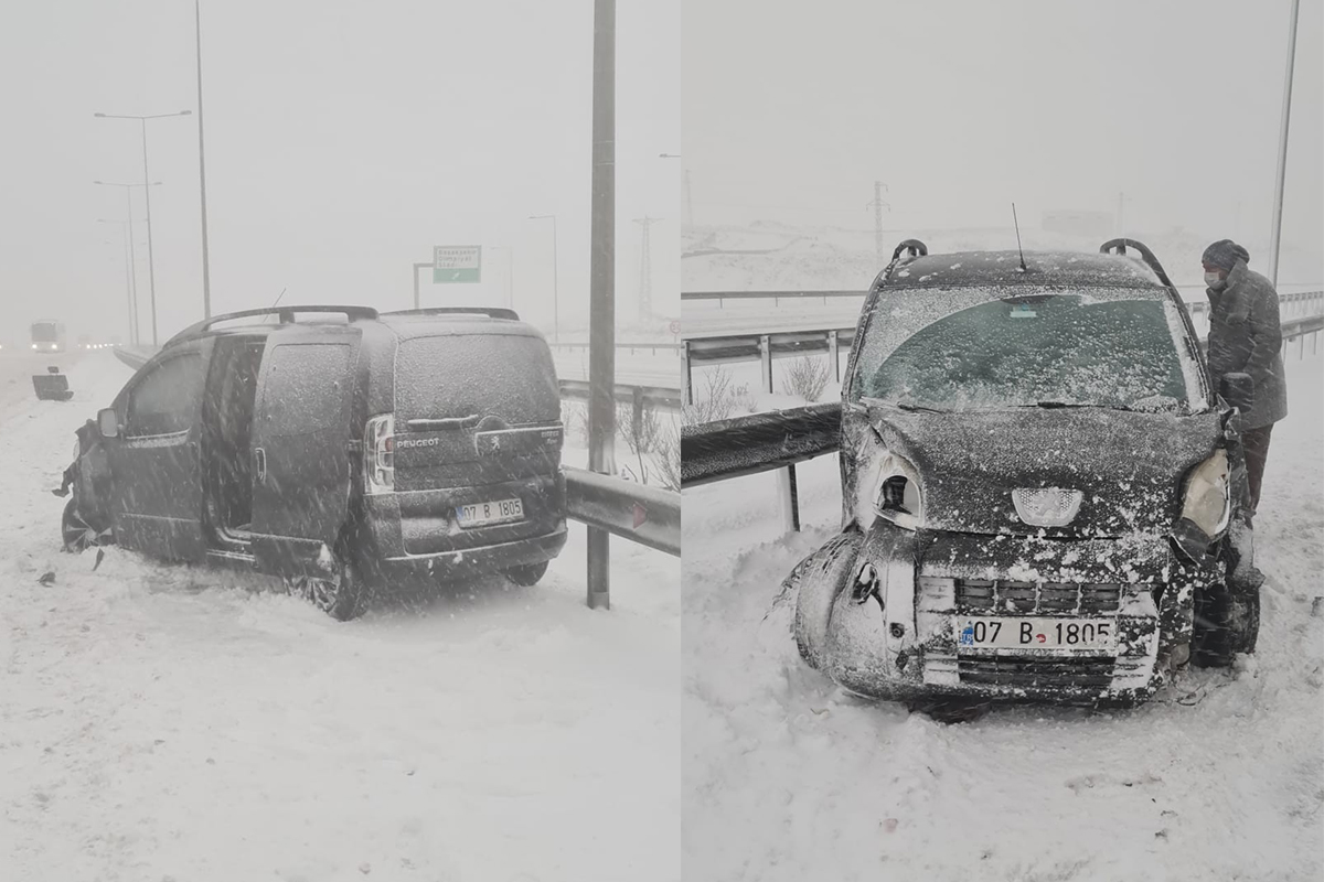 Kuzey Marmara Otoyolu’nda korkutan kaza! Karda kontrolünü kaybeden ticari araç servise çarptı