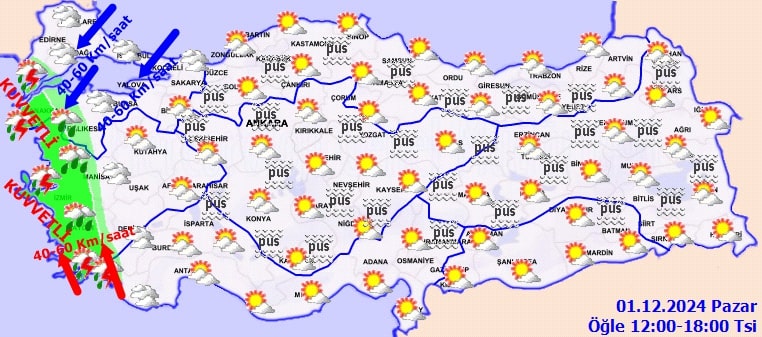 1 Aralık hava durumu raporu saat: 12.00-18.00 (MGM)