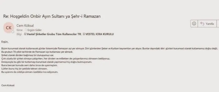 Zorlu Holding eski CEO'su Cem Köksal'ın Ramazan ayı tebrik mesajına verdiği skandal mail (ahaber.com.tr)
