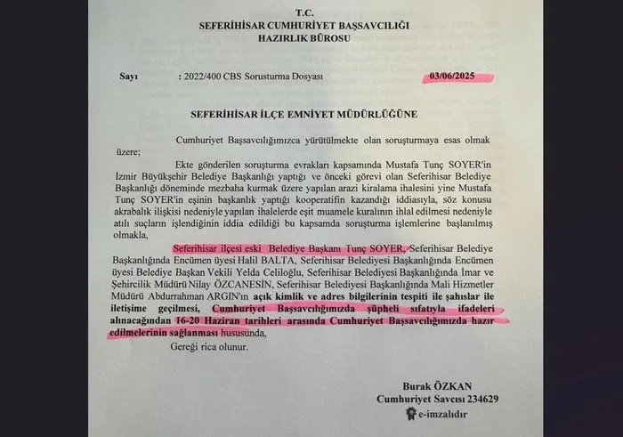 Tunç Soyer'in ifadeye çağrıldığı dosya (Sabah)