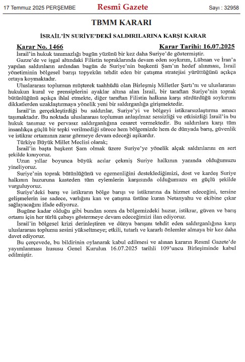 Suriye’deki saldırılara ilişkin tezkere Resmi Gazete’de