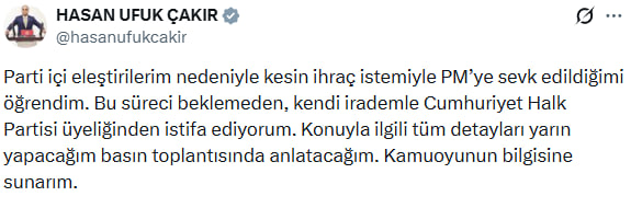 Hasan Ufuk Çakır'ın sosyal medya paylaşımı (Foto: ahaber.com.tr ekran görüntüsü) 