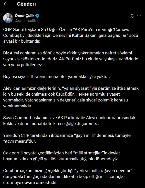 AK Parti Genel Başkan Yardımcısı ve Parti Sözcüsü Ömer Çelik'in paylaşımı (Ekran görüntüsü)