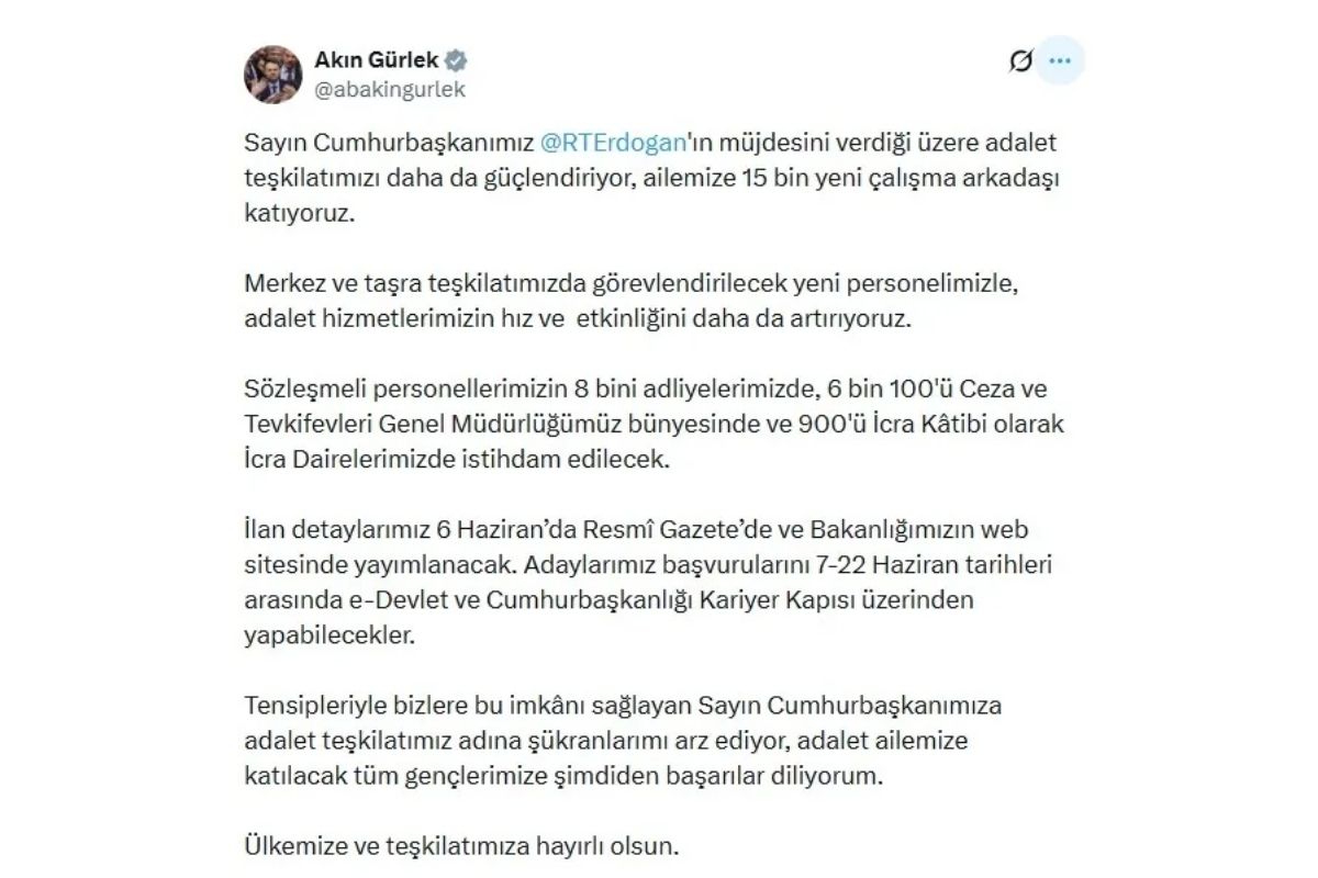 Adalet Bakanı Akın Gürlek'in sosyal medya hesabından yaptığı açıklama. (Görsel: Sosyal Medya)