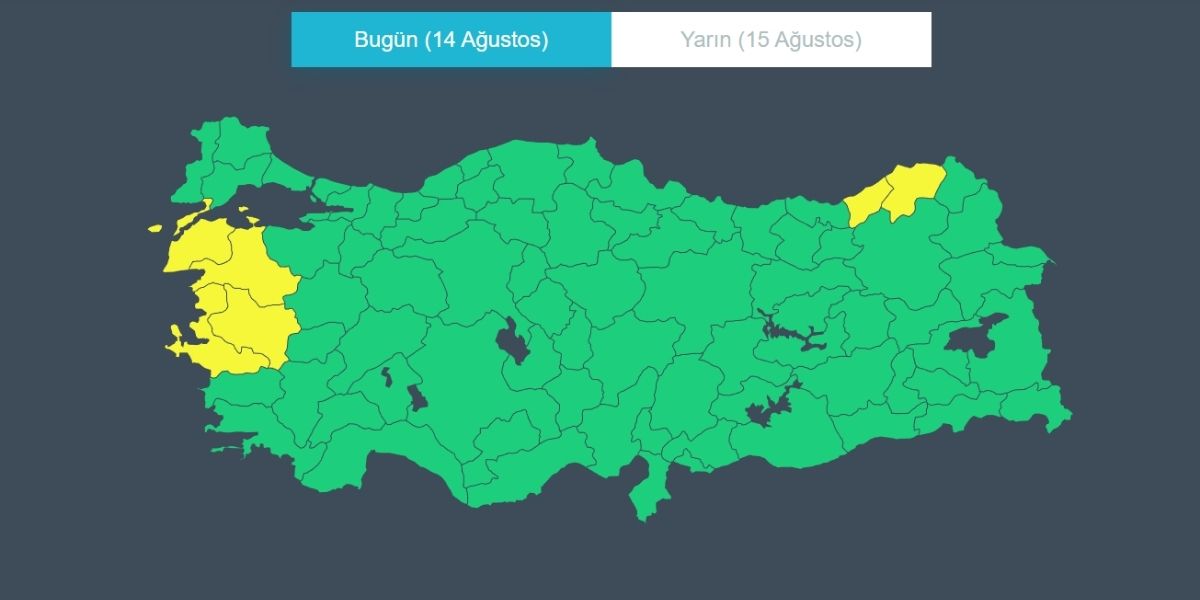 Meteoroloji Genel Müdürlüğü, kuvvetli yağış ve rüzgar nedeniyle Artvin, Balıkesir, Çanakkale, İzmir, Manisa ve Rize için sarı kodlu meteorolojik uyarı yayımladı. (Görsel: MGM)