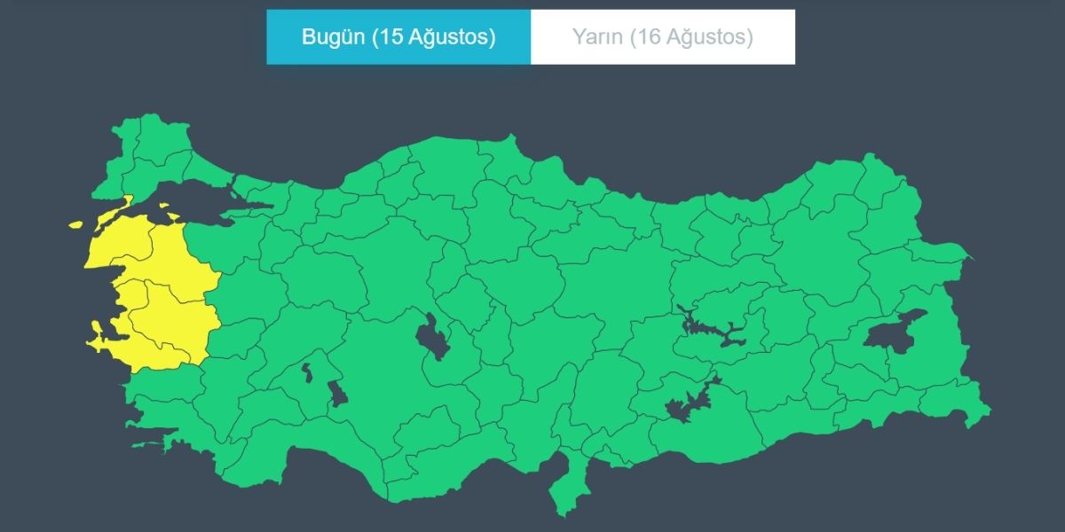 4 İL İÇİN SARI KODLU UYARI Meteoroloji, hava koşullarının oluşturabileceği riskler nedeniyle Balıkesir, Çanakkale, İzmir ve Manisa’yı sarı kodla uyardı. (Görsel: MGM)
