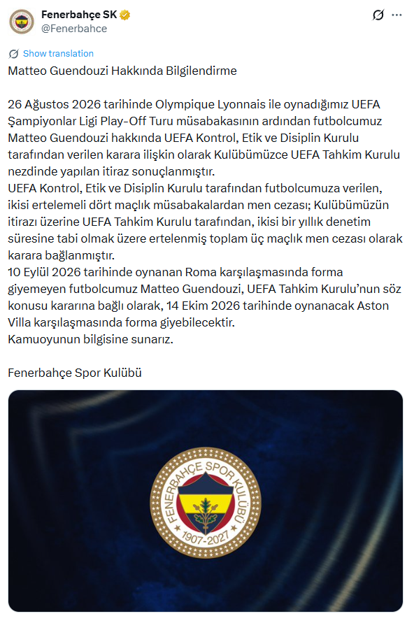 Fenerbahçe'den Guendozi hareketi: Aston Villa maçıyla geri mi dönüyor? - 1