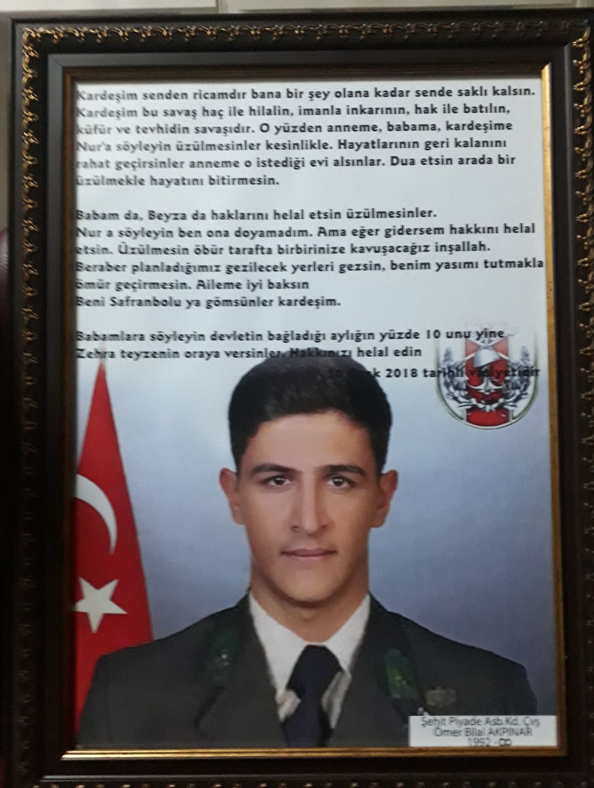 Afrin şehidi Ömer Bilal Akpınar’ın ağlatan vasiyeti