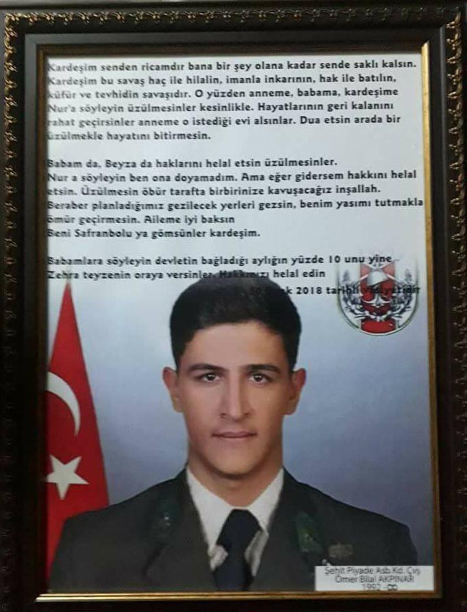 Afrin şehidi Ömer Bilal Akpınar’ın ağlatan vasiyeti