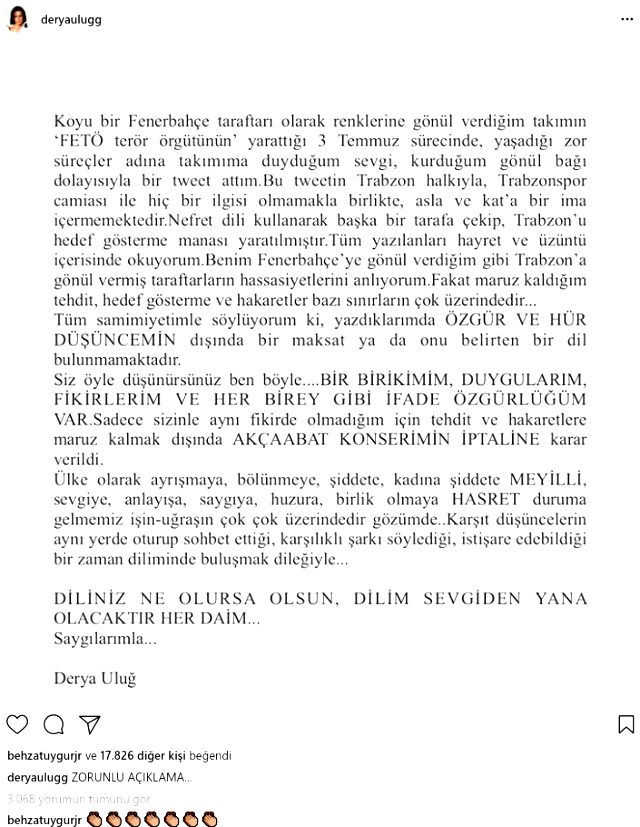 Derya Uluğ’un 3 Temmuz paylaşımı Trabzon’u karıştırdı, konseri iptal edildi
